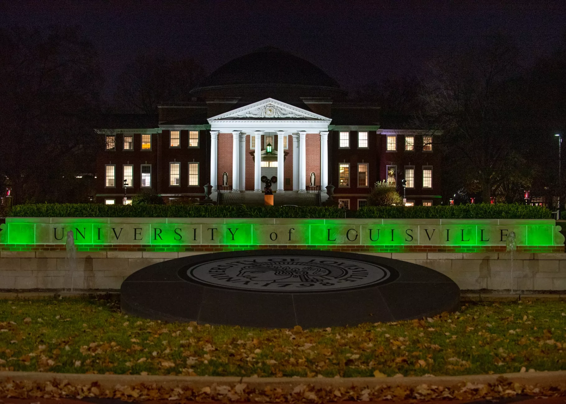 Grawemeyer at night. Covid,green lights fall 2021