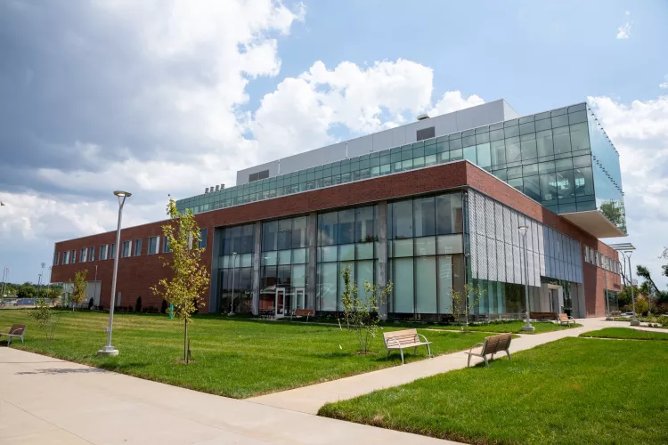 Four-story brick and glass classroom and research building