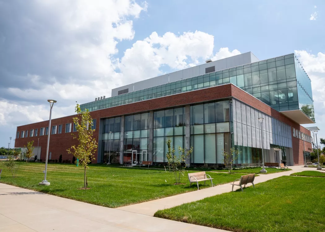 Four-story brick and glass classroom and research building