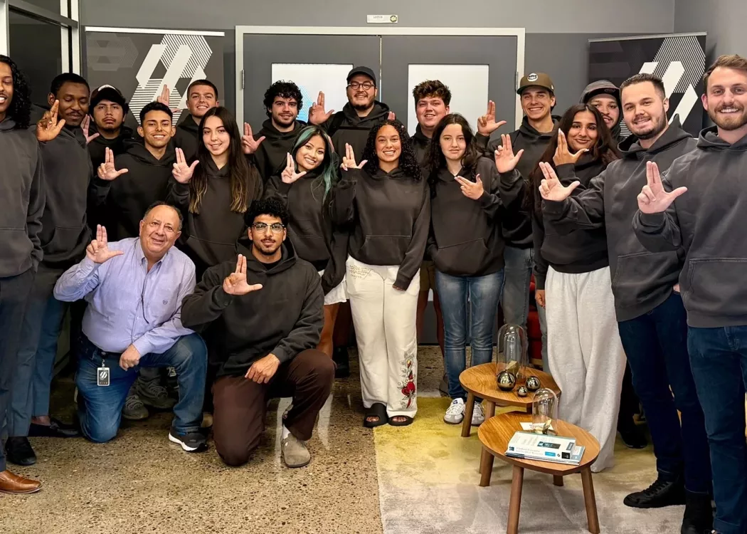 A large group of students in a lobby