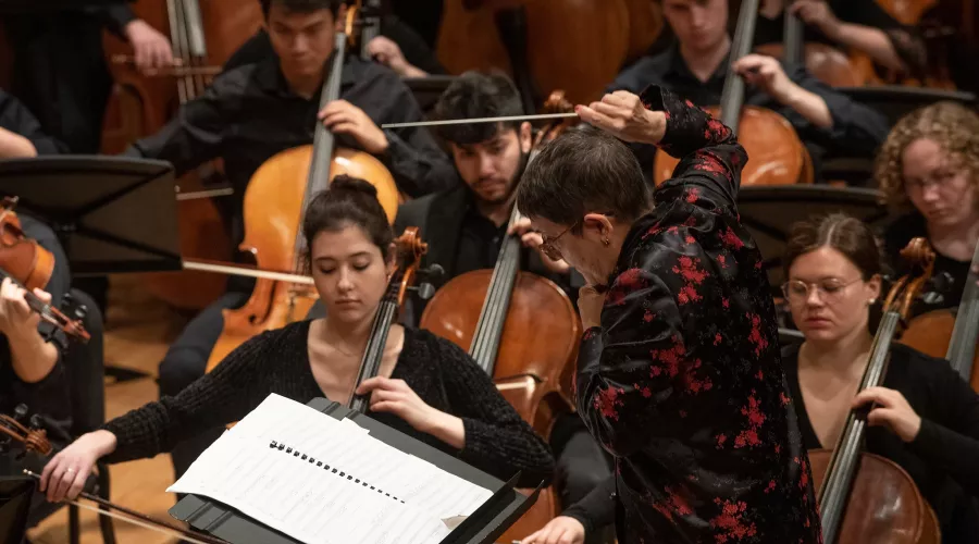 Conductor and musicians performing at a music symphony concert.