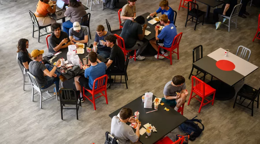 Aerial view of students eating at the Student Activity Center.