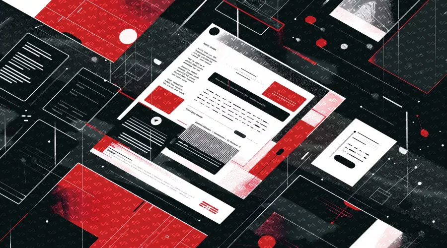Illustration of an abstract web user interface in red and black.